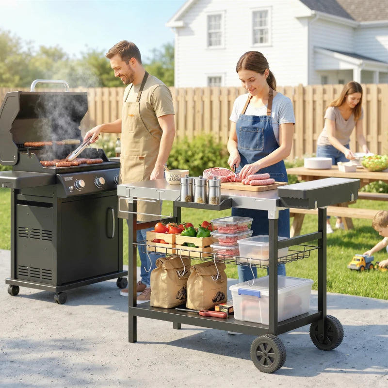 Outsunny Carrello Barbecue da Esterno con Piano in Acciaio Inossidabile, Porta Spezie, Ganci e Maniglia Laterale, Nero