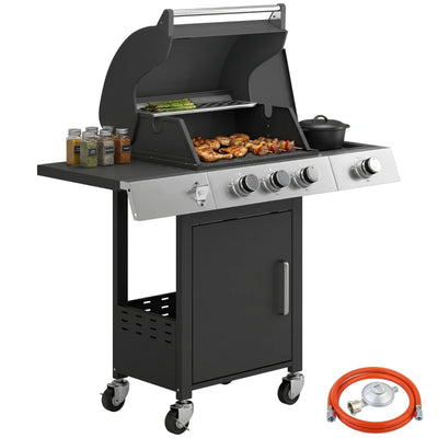 Outsunny Barbecue a Gas con 3 Fuochi e Bruciatore Laterale, 109x50x109 cm, Nero
