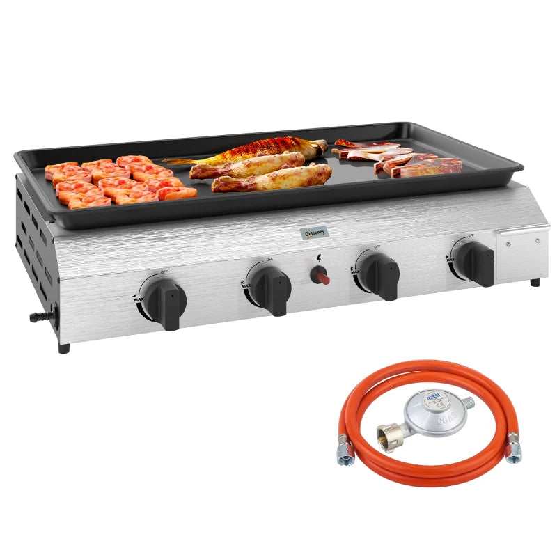 Outsunny Piastra Barbecue a Gas con 4 Bruciatori da 2.4kw e Piano Antiaderente, 77x44.5x19cm, Argento