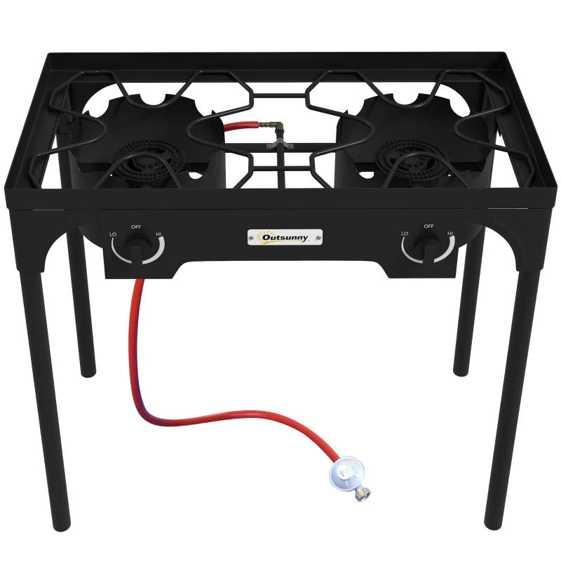 Outsunny Fornello a Gas da Campeggio con 2 Bruciatori 150,000 BTU in Metallo con Gambe Rimovibili, Nero