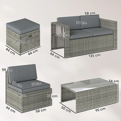 Outsunny Set da Esterno 6pz con Divano, 2 Sedie, Tavolino con Piano in Vetro e 2 Pouf, Grigio Scuro