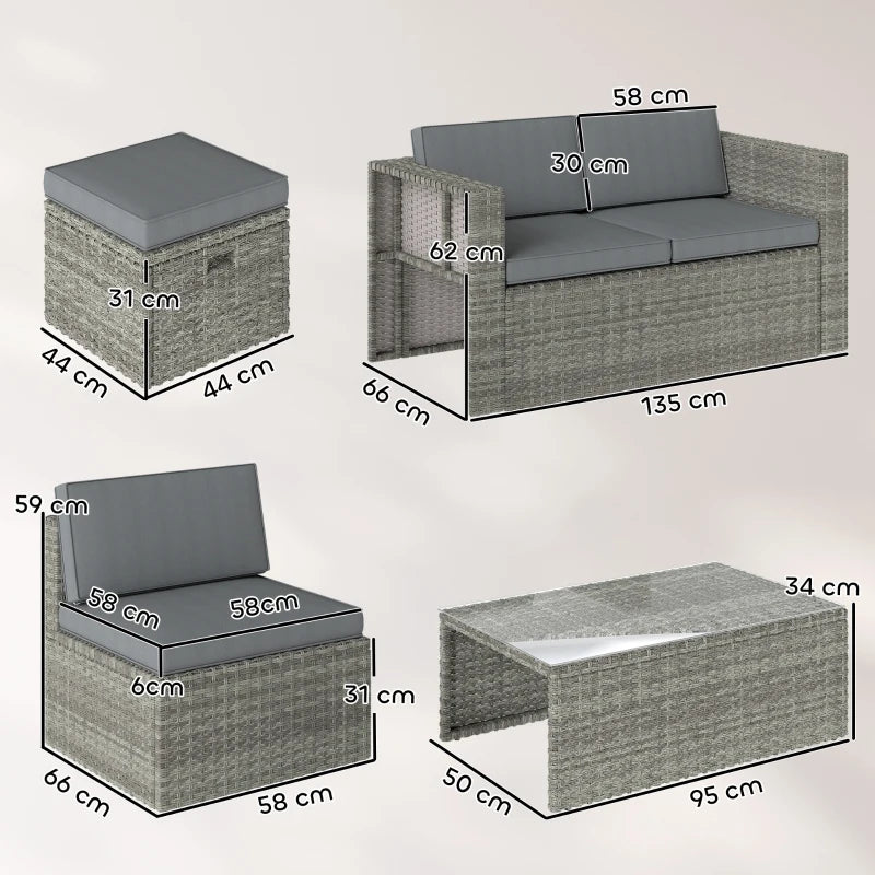 Outsunny Set da Esterno 6pz con Divano, 2 Sedie, Tavolino con Piano in Vetro e 2 Pouf, Grigio Scuro