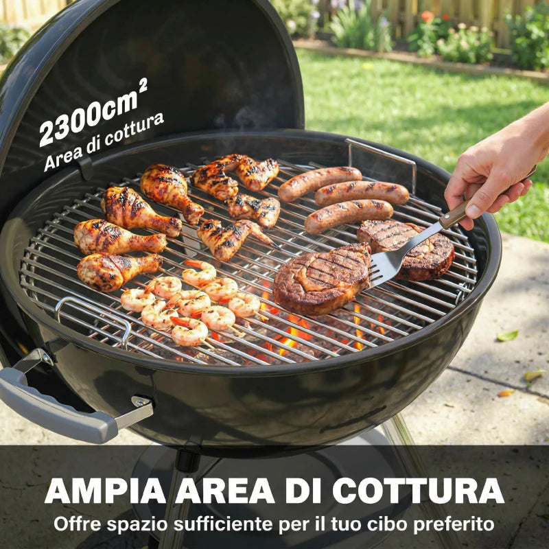 Outsunny barbecue a carbone con griglia esterna rotonda, coperchio, termometro e ruote, Nero