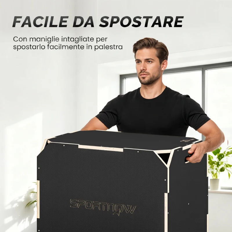 SPORTNOW Plyo Box in Legno 3 in 1, Box Pliometrico per Salti Antiscivolo con Maniglie per Allenamento in Casa Palestra, 76x61x51 cm, Nero