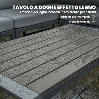Outsunny Set Divano Angolare da Giardino in Metallo, 3 Poltrone, Tavolino Effetto Legno, Grigio Scuro