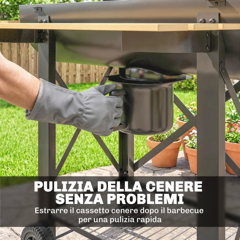Outsunny Barbecue a Carbone, Griglia Mobile con Ripiani Pieghevoli e Termometro