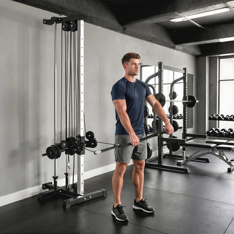 SPORTNOW Lat Machine da Parete con Pulegge Regolabili, Stazione a Cavi con Pulldown e Carico Pesi Regolabile, per Casa Palestra Multifunzione, Nero