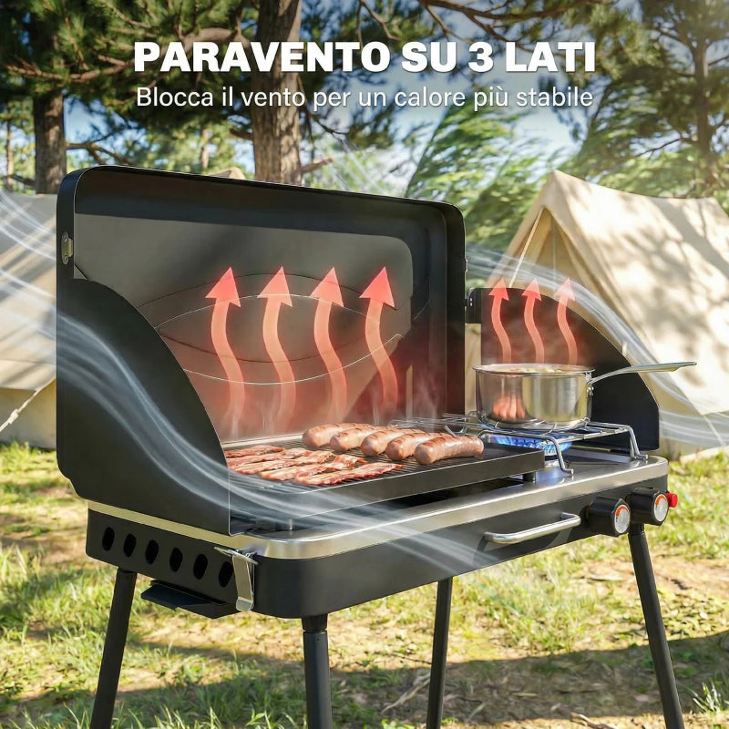 Outsunny BBQ a Gas Propano Portatile 2-in-1 con Griglia e Fornello, 7KW, Nero