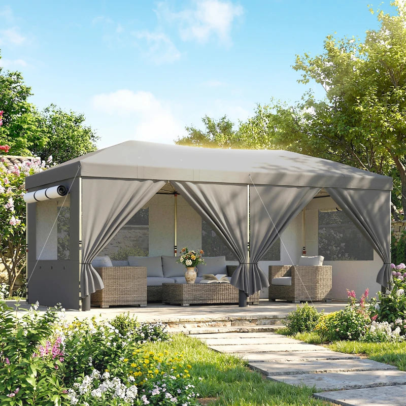 Outsunny Gazebo Pieghevole 3x6 m con 6 Pareti Laterali, Sacchi e Picchetti, in Metallo e Tessuto Oxford, Grigio Scuro
