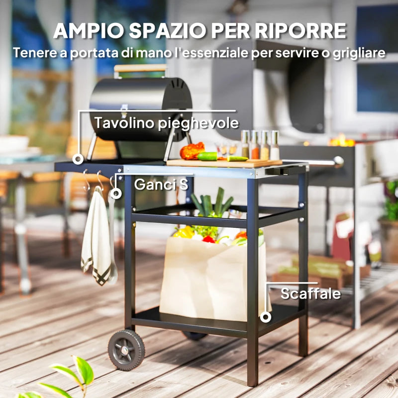 Outsunny Carrello per Barbecue con Piano in Acciaio e Ripiano Richiudibile, Ruote e Ganci, 91x58x76 cm, Nero