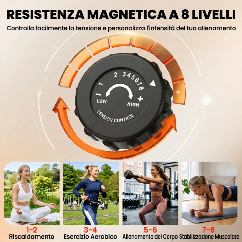 HOMCOM Cyclette Pieghevole 2 in 1, Resistenza Magnetica Regolabile 8 Livelli, Cyclette da Casa Silenziosa con Sensore Cardiaco, Sedile Regolabile, Bande Elastici, Schermo LCD, Ruote, Rosa