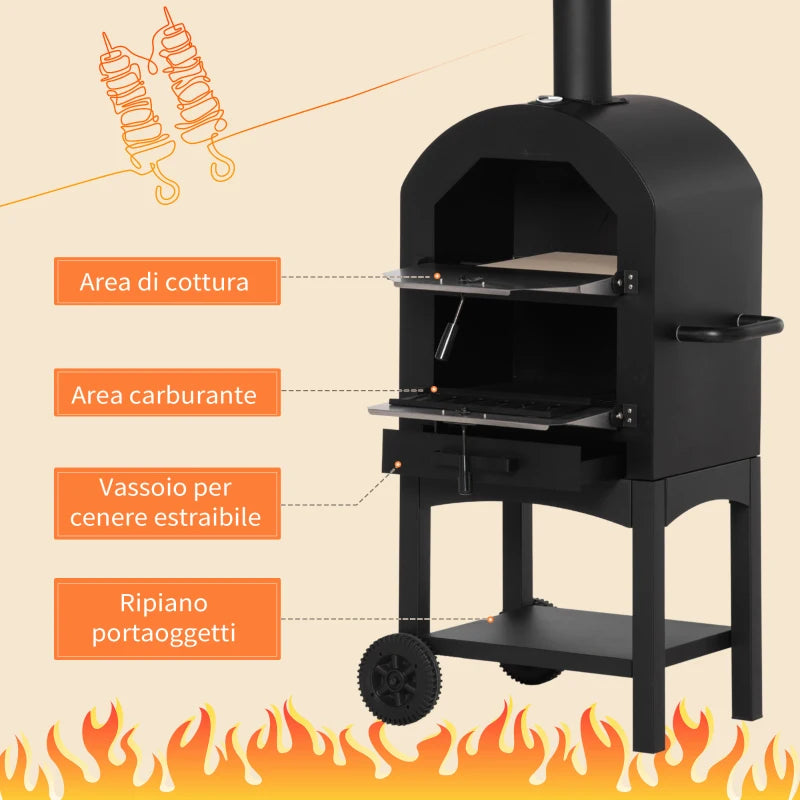 Outsunny Forno per Pizza e Barbecue a Carbone Portatile in Acciaio con Camino e Ruote, 63x54x161 cm, Nero