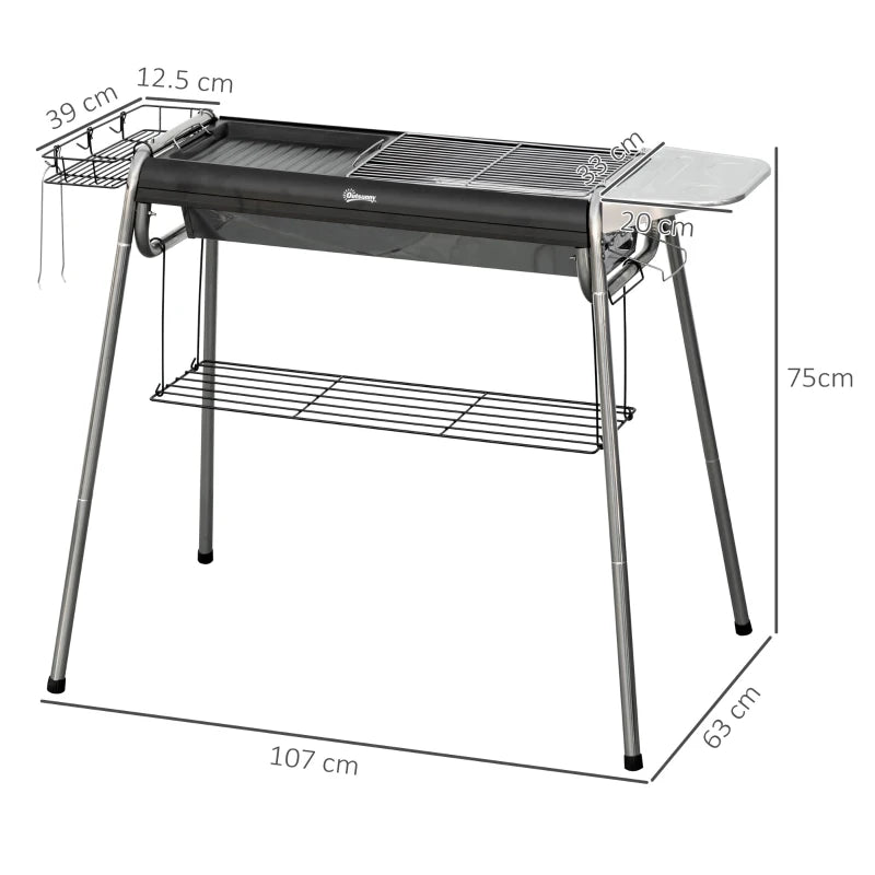 Outsunny Barbecue a Carbonella con Griglia e Piastra di Cottura, Cestino e Ripiani, 107x63x75cm, Nero