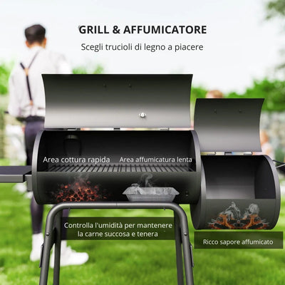 Outsunny Barbecue a Carbone con Coperchio e Affumicatore, BBQ da Giardino con Ripiani e Ruote 124x53x104 cm, Nero