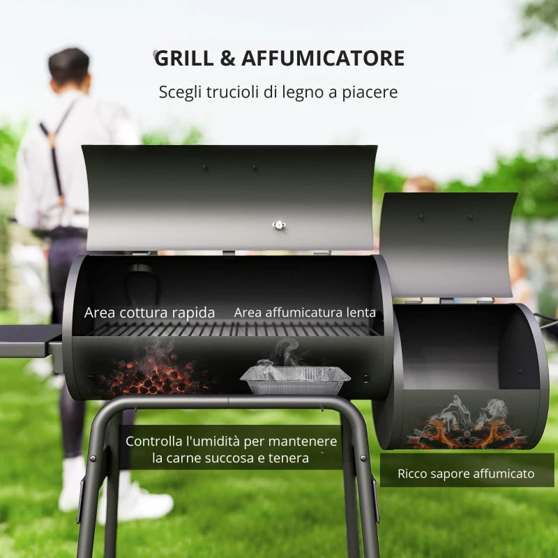 Outsunny Barbecue a Carbone con Coperchio e Affumicatore, BBQ da Giardino con Ripiani e Ruote 124x53x104 cm, Nero
