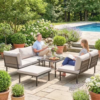 Outsunny Set Mobili Giardino Metallo 6 Persone, Divano Angolare Cuscini, Grigio Chiaro