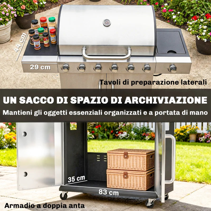 Outsunny Gas Barbecue, 6 Burners, Side Burner, Cast Iron Grill, Cabinet Included.