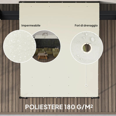Outsunny Pergola Addossata Ricurva con 16 Fori di Drenaggio, in Metallo e Poliestere, 248x298x200/250 cm, Bianco Crema