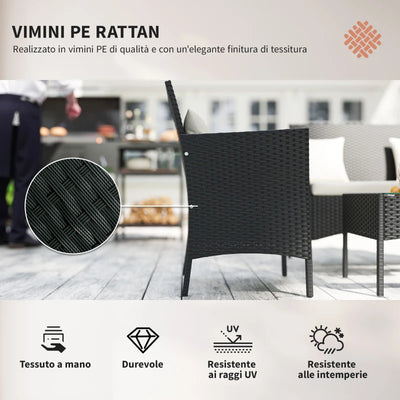 Outsunny Set da Giardino 4Pezzi in Rattan con 2 Sedie, Poltrona da Giardino a 2 Posti e Tavolino Basso