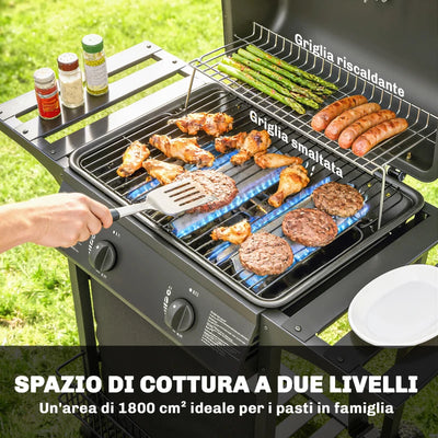 Outsunny Barbecue Gas, 2 Bruciatori, Tavolini Laterali, Vassoio Raccogli Grassi, Nero.