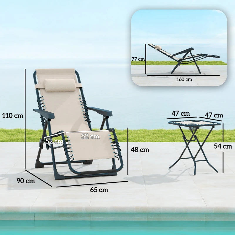 Outsunny Set 2 Sedie Sdraio a Gravità Zero Pieghevoli con Schienale Regolabile e Tavolino, Beige