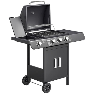 Outsunny Barbecue a Gas con Coperchio, 4 Bruciatori da 11.6kW, Fornello, Mensola e 2 Ruote, 110x50x100cm Nero