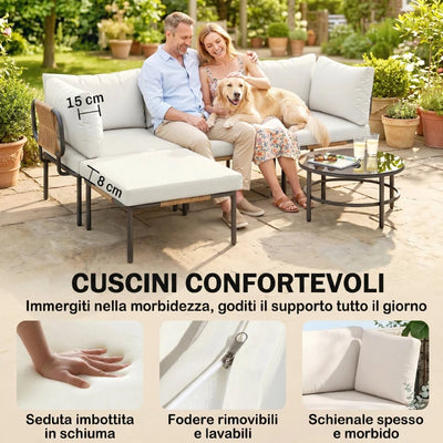 Outsunny Set da Giardino 5 Pezzi in Rattan Modulabile con Divano a L, Tavolino e Cuscini, Cachi