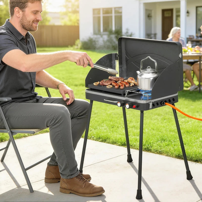 Outsunny BBQ a Gas Propano Portatile 2-in-1 con Griglia e Fornello, 7KW, Nero