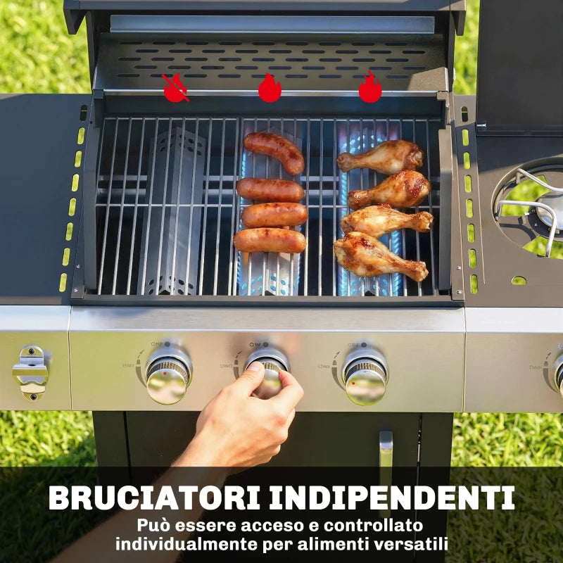 Outsunny Barbecue a Gas con 3 Fuochi e Bruciatore Laterale, 109x50x109 cm, Nero