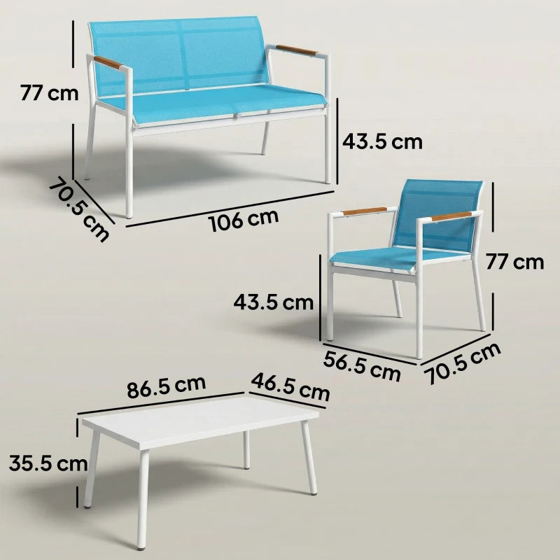 Outsunny Set Giardino 4 Posti Divano, Poltrone, Tavolo in Metallo, Blu.