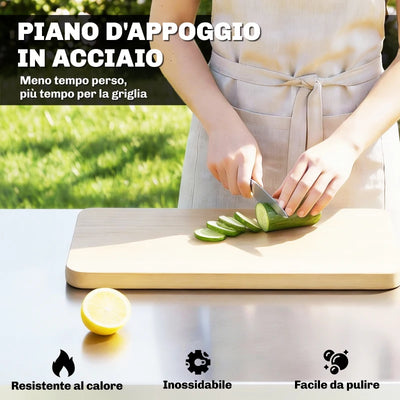 Outsunny Carrello Barbecue da Esterno con Piano in Acciaio Inossidabile, Porta Spezie, Ganci e Maniglia Laterale, Nero