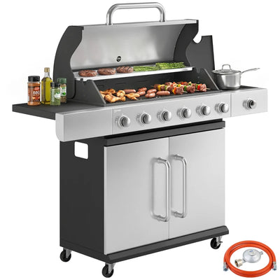Outsunny Gas Barbecue, 6 Burners, Side Burner, Cast Iron Grill, Cabinet Included.
