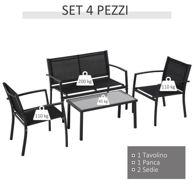 Outsunny Salotto da Esterno, Set 4 Pezzi con 1 Tavolino, 2 Sedie da Giardino e 1 Panca in Metallo, Nero