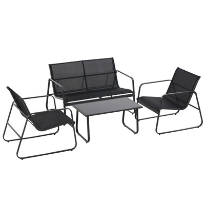 Outsunny Set Salotto da Giardino da 4 Pezzi, con Divanetto da Esterno a 2 Posti, 2 Sedie e Tavolo da Caffè in Vetro Temperato, Set di Mobili da Giardino in Metallo e Texteline, Nero