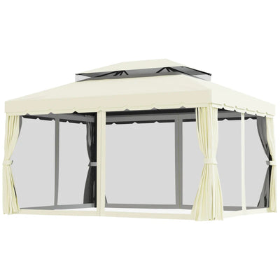 Outsunny Gazebo da Giardino 4x3m con Zanzariera, Tende e Doppio Tetto in Alluminio e Poliestere, Crema