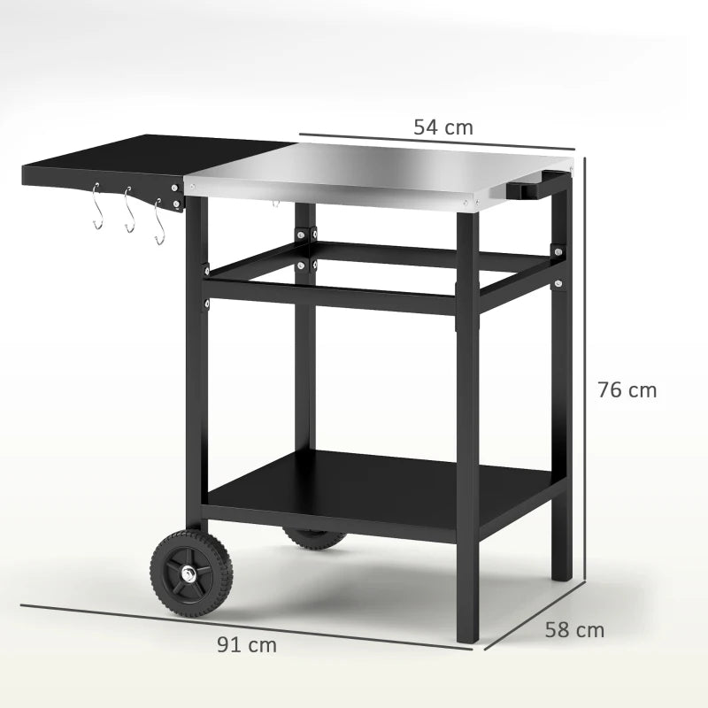 Outsunny Carrello per Barbecue con Piano in Acciaio e Ripiano Richiudibile, Ruote e Ganci, 91x58x76 cm, Nero
