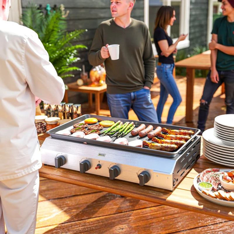 Outsunny Piastra Barbecue a Gas con 4 Bruciatori da 2.4kw e Piano Antiaderente, 77x44.5x19cm, Argento
