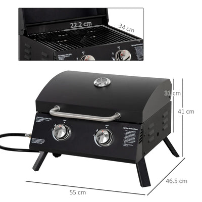 Outsunny Barbecue a Gas Pieghevole con Coperchio, Termometro e 2 Bruciatori in Acciaio, 55x46.5x41 cm, Nero