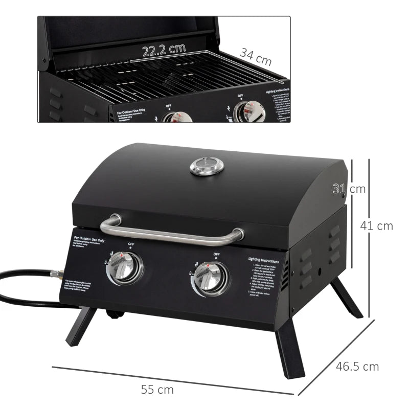Outsunny Barbecue a Gas Pieghevole con Coperchio, Termometro e 2 Bruciatori in Acciaio, 55x46.5x41 cm, Nero