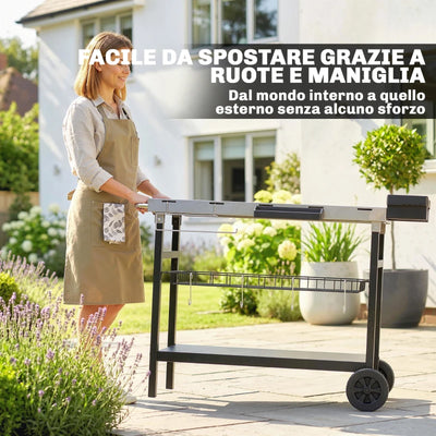 Outsunny Carrello Barbecue da Esterno con Piano in Acciaio Inossidabile, Porta Spezie, Ganci e Maniglia Laterale, Nero
