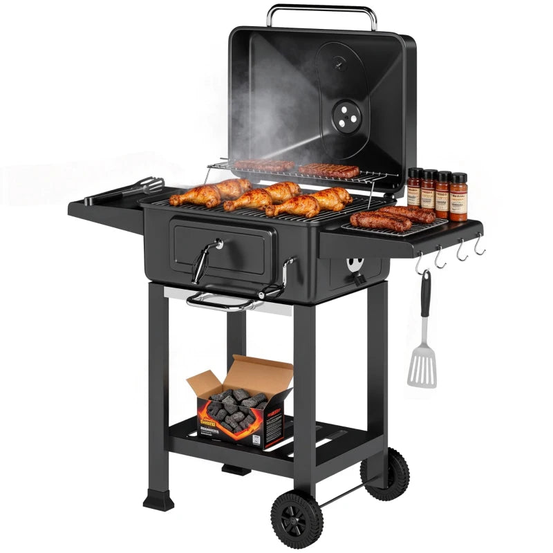 Outsunny Barbecue a Carbone, Affumicatore Portatile con Ventilazione, Termometro e Mensole Laterali, Nero