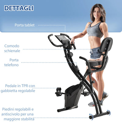 HOMCOM Cyclette Pieghevole 2 in 1, Resistenza Magnetica Regolabile 8 Livelli, Cyclette da Casa Silenziosa con Sensore Cardiaco, Sedile Regolabile, Bande Elastici, Schermo LCD, Ruote, Nero