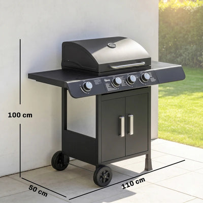 Outsunny Barbecue a Gas con Coperchio, 4 Bruciatori da 11.6kW, Fornello, Mensola e 2 Ruote, 110x50x100cm Nero