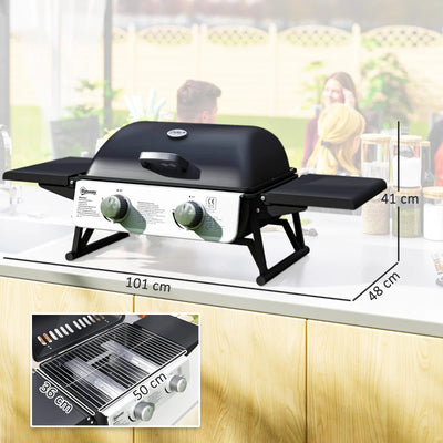 Outsunny Barbecue a Gas Portatile con 2 Bruciatori e Coperchio con Termometro, Nero