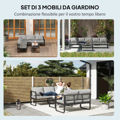 Outsunny Set da Esterno 3 Pezzi con Divano 3 Posti Convertibile, Divano 2 Posti e Tavolino da Esterno, Grigio e Nero