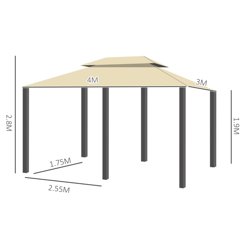 Outsunny Gazebo da Giardino 3x4 m con Tende e Tetto a 2 Livelli Bianco Crema