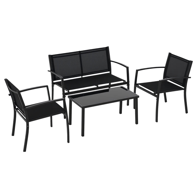 Outsunny Salotto da Esterno, Set 4 Pezzi con 1 Tavolino, 2 Sedie da Giardino e 1 Panca in Metallo, Nero