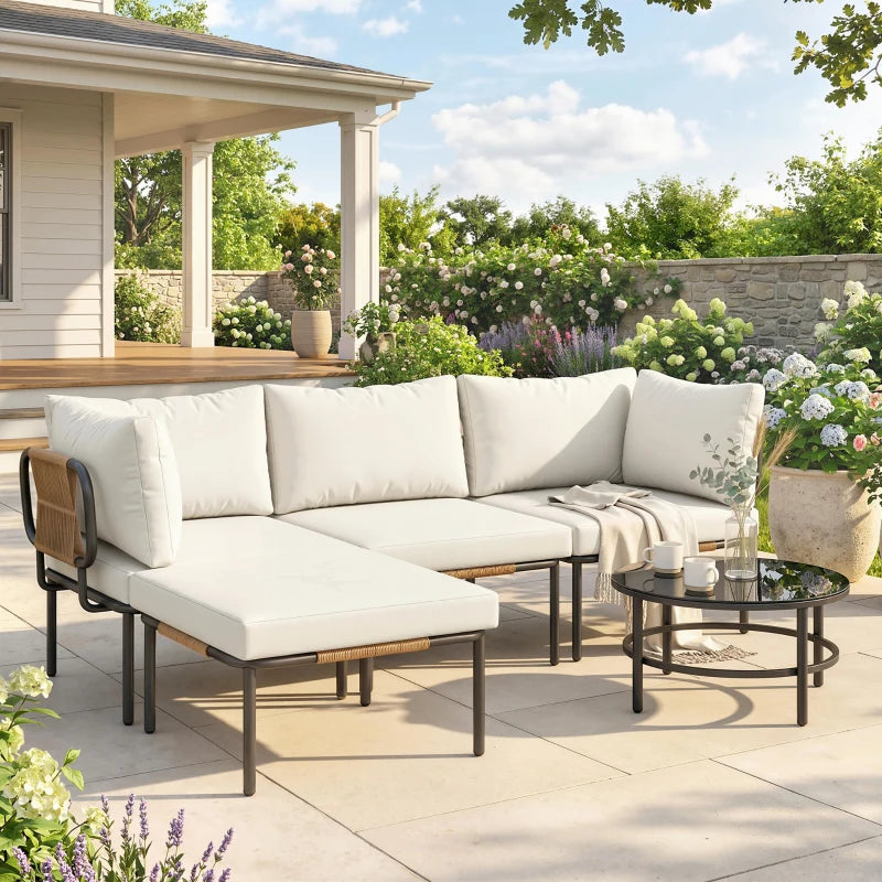 Outsunny Set da Giardino 5 Pezzi in Rattan Modulabile con Divano a L, Tavolino e Cuscini, Cachi