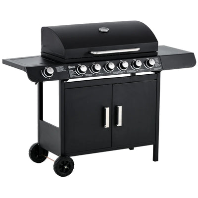 Outsunny Barbecue a Gas con Coperchio, 7 Bruciatori da 20kW, Fornello Laterale e 2 Ruote, 135x50x100 cm, Nero