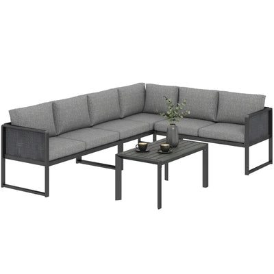 Outsunny Set Divano Angolare da Giardino in Metallo, 3 Poltrone, Tavolino Effetto Legno, Grigio Scuro